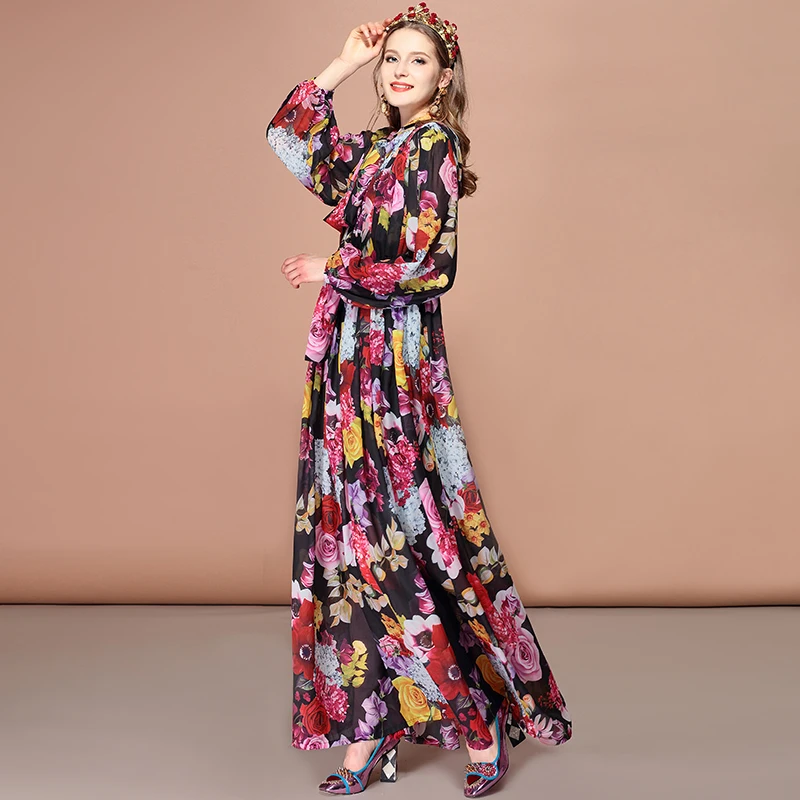 Женское платье макси с принтом LD LINDA DELLA, винтажное длинное платье большого размера 5 XL с длинным рукавом, воротником-бантом и цветочным принтом, лето