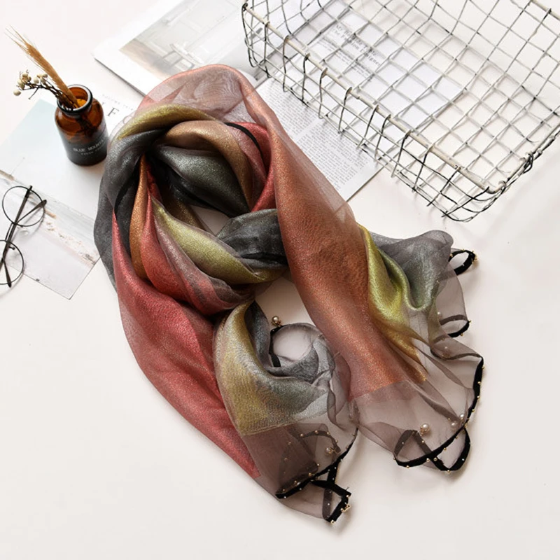 

Gradient Silk Scarf Brand Long Scarves With Beads Female Wraps Fashion Silk Scarf Beach Shawl 180x70cm Mother Gift