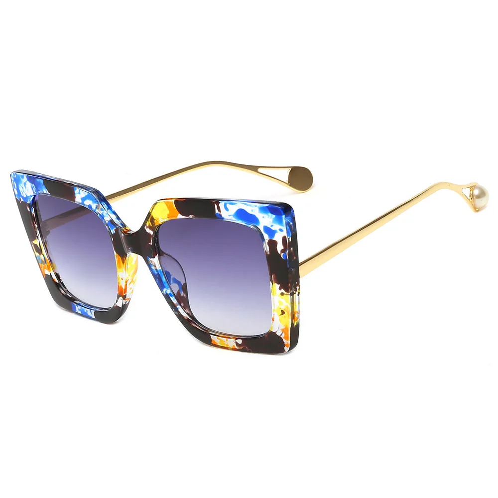 Синие цветочные солнцезащитные очки женские металлические дизайнерские солнцезащитные очки «кошачий глаз» оттенки женские жемчужные ножки солнцезащитные очки UV400 - Цвет линз: C7