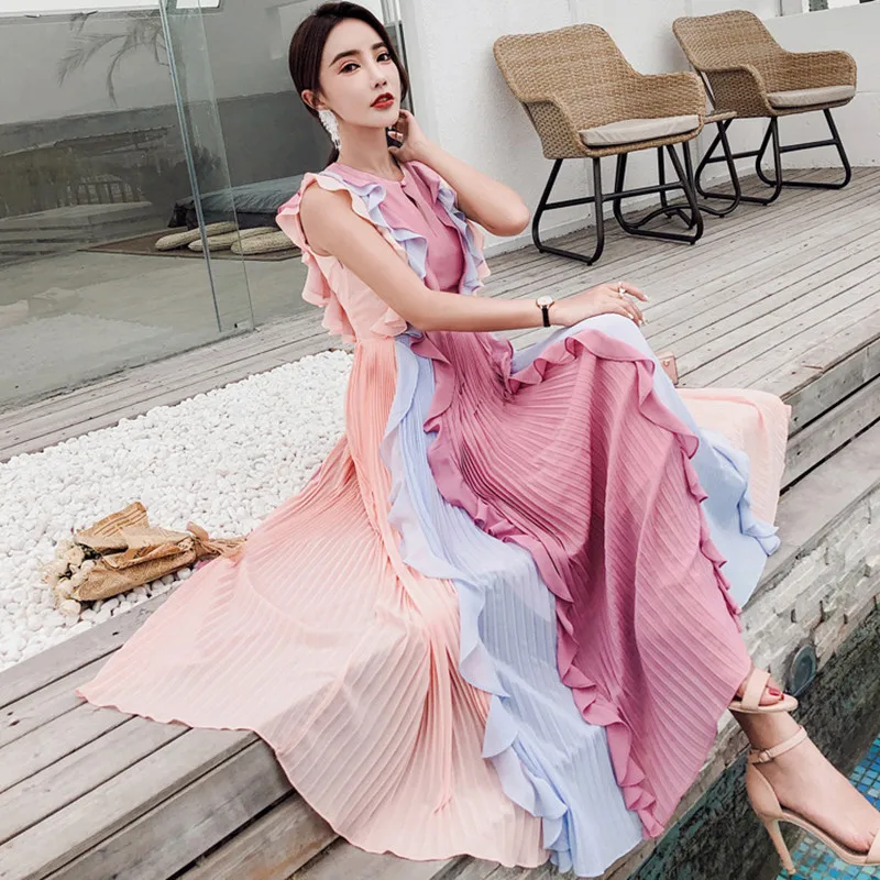 

Runway Designer Dresses 2018 Summer New Women Ruffle Pleated Chiffon Maxi Dress A-Line Sleeveless Rainbow Beach Long Dresses