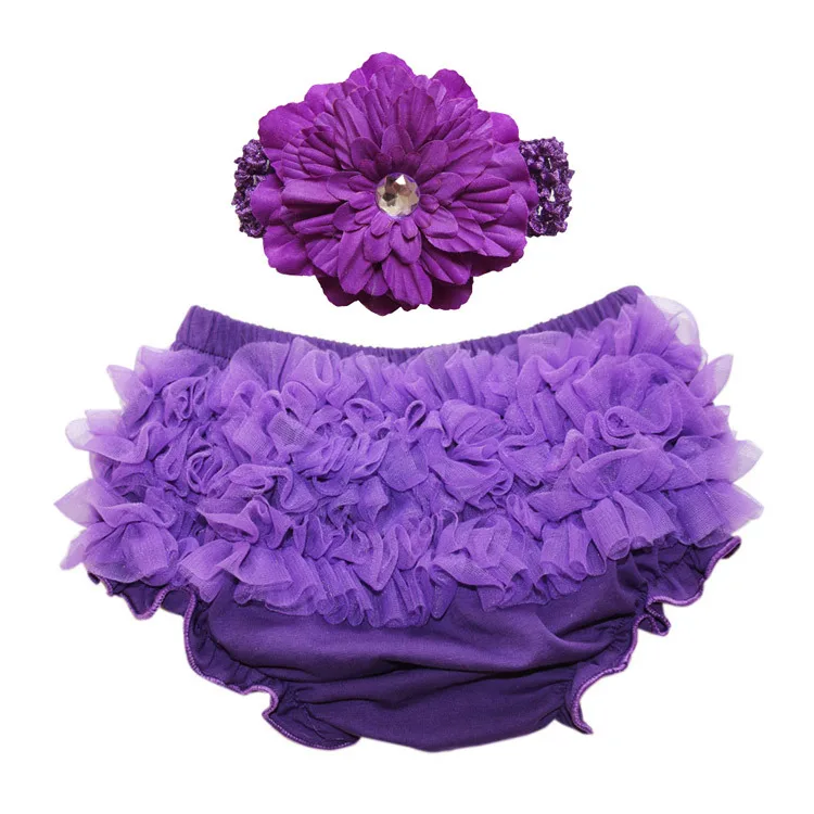 Новые милые трусики-шаровары для маленьких девочек, комплект с повязкой на голову, трусики с оборками для новорожденных, кружевные шорты для младенцев - Цвет: purple