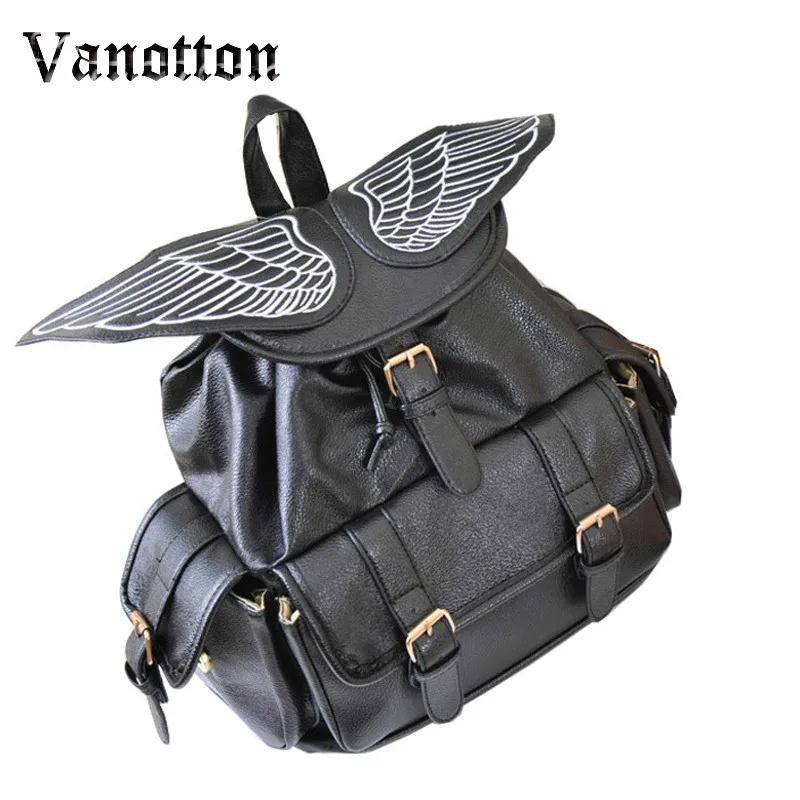 Women Leather Backpack School Bags PU Leather Large Capacity Angel Wings Backpack Vintage Style Bolso Mochila