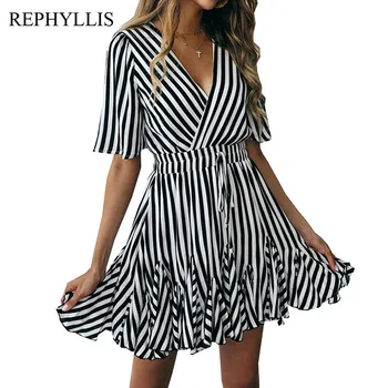

REPHYLLIS Daily Wear Striped Casual Dress Women A Line 1/2 Flare Sleeve V Neck Pleated Sexy High Waist Mini Fashion Summer Dress