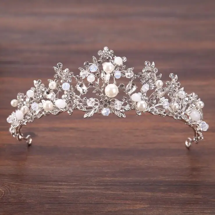 KMVEXO Великолепная Серебряная оголовье с цветами, кристаллами и жемчугом, большая свадебная корона, свадебная тиара, вечерние аксессуары для волос
