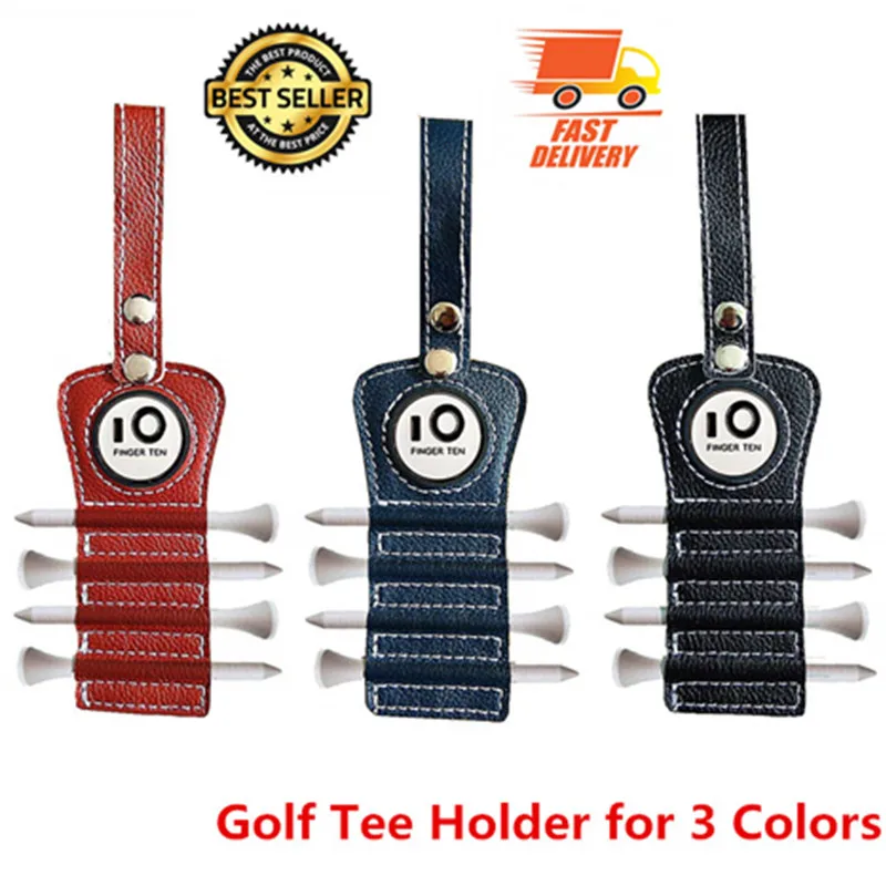 

Golf Tee Holder Leather with 4 pcs Wood Tee 1 Magnet Ball Marker Hook to Belt Bag Red Blue Black Color Training Tee Holder