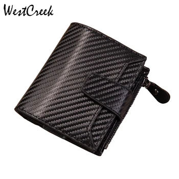 

WESTCREEK Multi-functional RFID Blocking Men Short Genuine Leather Carbon Fiber Wallet with Zipper Coin Pocket Metal Card Holder