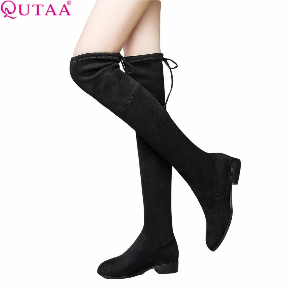 QUTAA 2018 Ladies Shoes Square Low Heel Women Over The Knee Boots Scrub Black Pointed Toe Woman Motorcycle Boots Size 34-43 : image QUTAA 2018 Ladies Shoes Square Low Heel Women Over The Knee Boots Scrub Black Pointed Toe Woman Motorcycle Boots Size 34-43