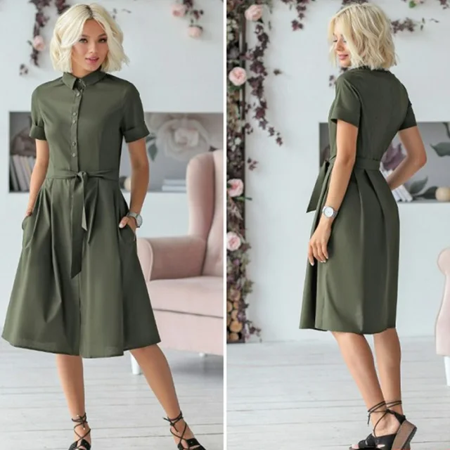 Button Belted Shirt Dress Women Short Sleeve Office Ladies Work Dresses