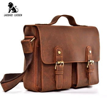 

Top Grade Male Briefcase Men's Vintage Real Crazy Horse Leather Messenger Shoulder Portfolio Laptop Bag Case Office Handbag