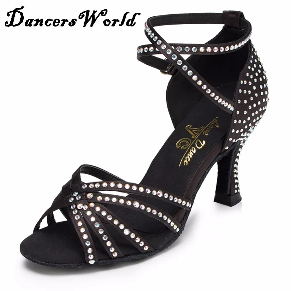 Hot Selling Latin Dance Shoes For Lady 7.5cm High Heels Black Rhinestone Sole High Quality 2017