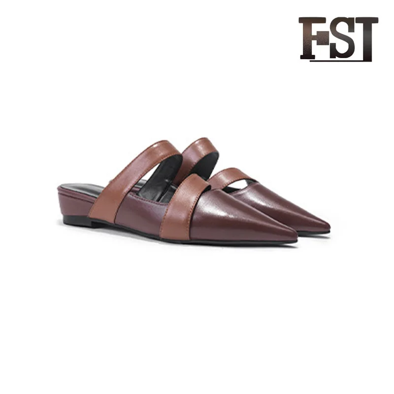 

FSJ Genuine Cow Leather Woman Summer Outside Slippers Solid Pigskin Sewing Casual Office Career Neutral Mature Slides shoes 2019