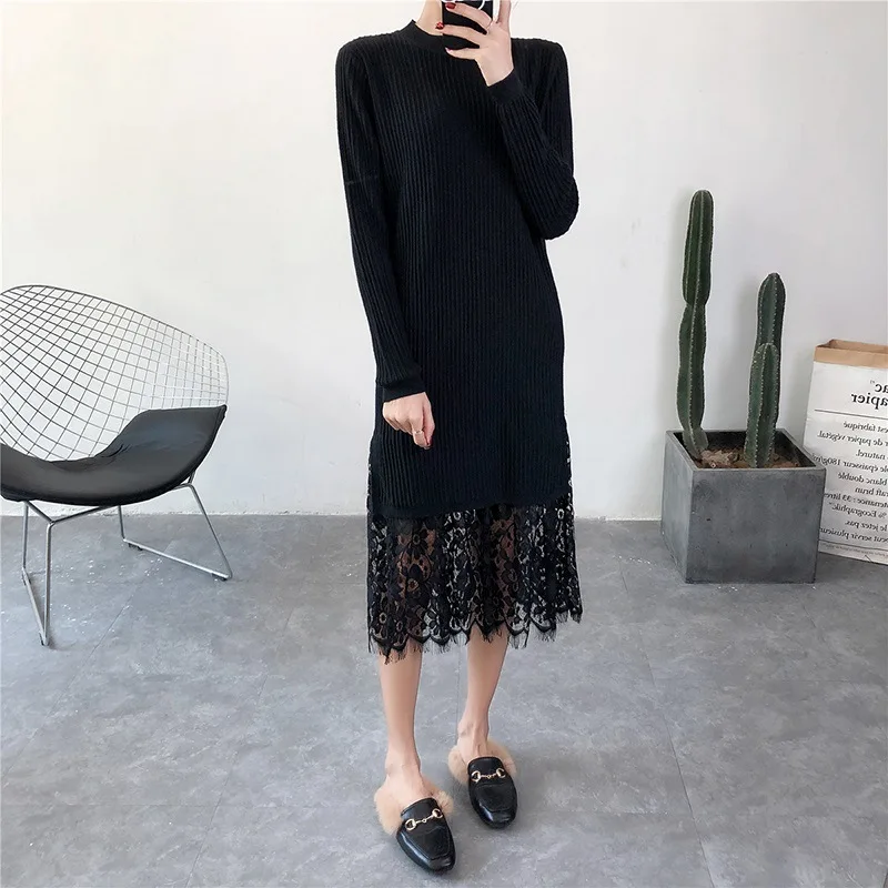 

Chi Lace Hem Sweater Dress Women's 2018 Autumn Winter Long Sleeve O-neck Loose Midi Dress A-Line Solid Women Knit Dress Elegant