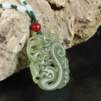 

New Natural Hetian Jadeite Ancient Dragon and Phoenix Bring Prosperity Hollow-out Men and Women's Pendant Necklace Accessories