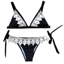 Women Sexy Two Piece Bikini Set Embroidered Hollow Out Floral Lace Patchwork Swimsuit Brazilian Style Side Tie High Cut Triangle floral tie side tassel bikini set