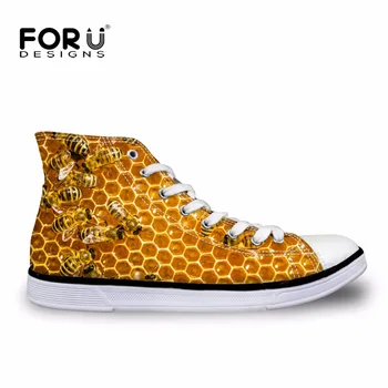 

FORUDESIGNS Men High-top Canvas Shoes,Fashion Bee Print Lace-up Men's Casual Vulcanize Shoe,Top Quality Male Leisure Flat Shoes