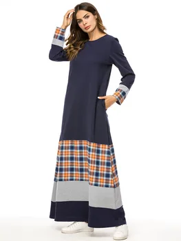 

Casual Plaid Patchwrok Maxi Dress Thicken Cotton Abaya Kimono Urban Long Robe Gowns Loose Muslim Jubah Ramadan Islamic Clothing