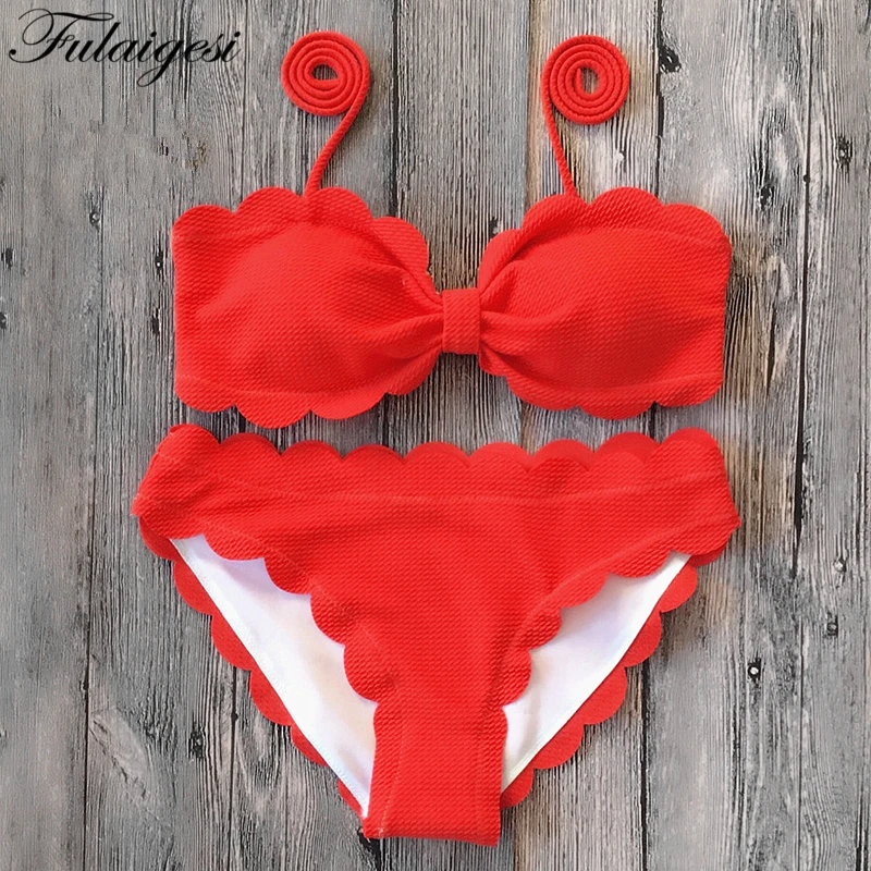 

Fulaigesi Lace up pink Bikini set top sexy solid swimwear Women bandeau halter push up swimsuit 2019 new bathing suit swim beach