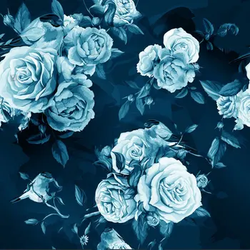 

blue floral Roses Peony Leaves Bird Dark backdrop Vinyl cloth High quality Computer print wall Background