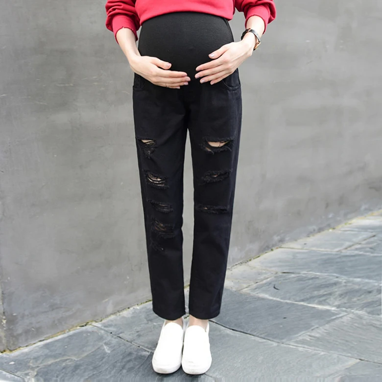 PLAMTEE Maternity Jeans Denim Casual Hole Pregnancy Clothes For Autumn Winter Pregnant Trousers Elastic Waist Premama Lady Jean