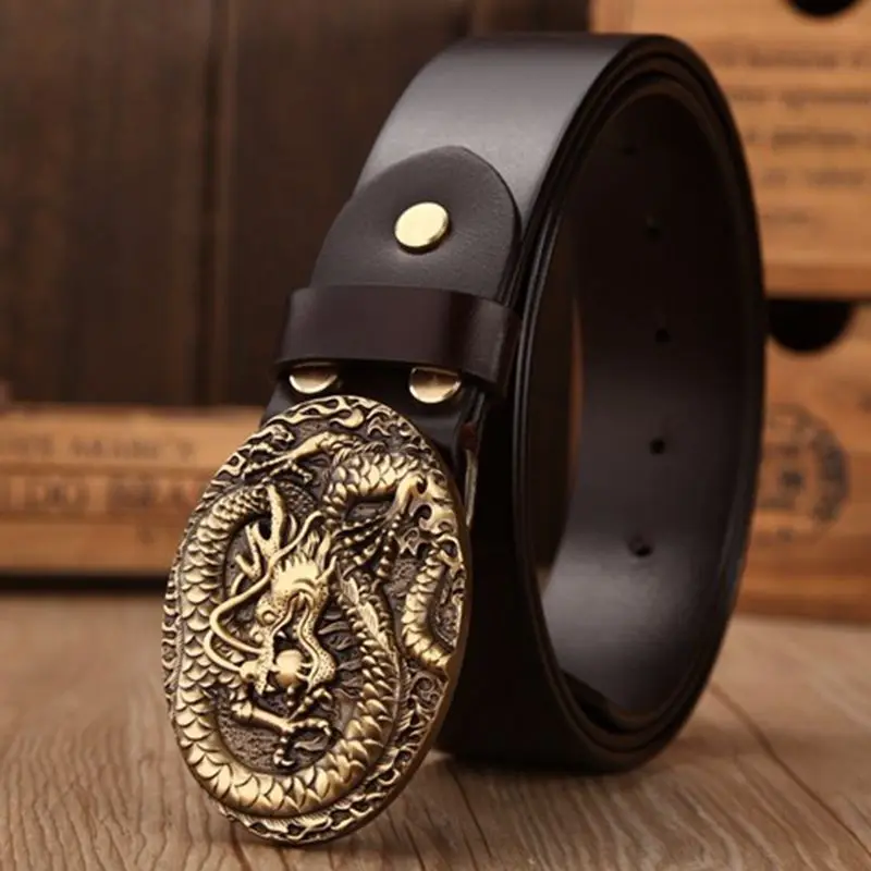 

Brand luxury solid brass dragon elliptical buckle full grain leather belts men high quality belt size 130 cm coffee girdle jeans