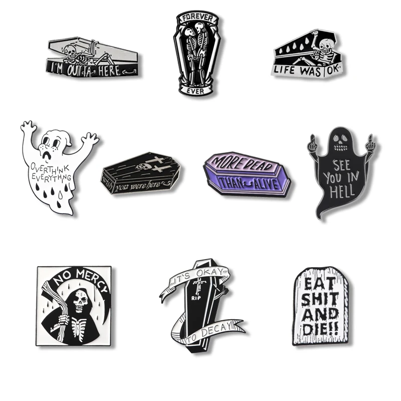 

Punk Lettering Coffin enamel Pins Black White Tombstone Ghost Grim Reaper Brooches for women Halloween lapel Pin Badges Jewelry