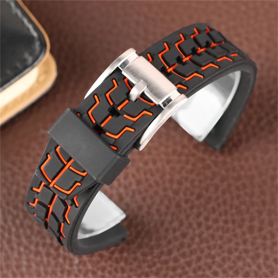 Red Blue Orange 20mm 22mm 24mm Men Silicone Soft Watch Band Pin Buckle Male Wrist Replacement Watches Strap + 2 Spring Bars (4)