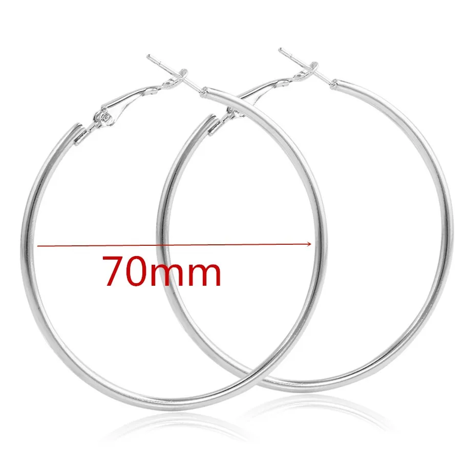 70mm Silver 40 мм 60 мм 70 мм 80 мм большие гладкие Круглые Серьги Brincos Простые Вечерние серьги с круглыми петлями для женщин ювелирные изделия - Окраска металла: 70mm Silver