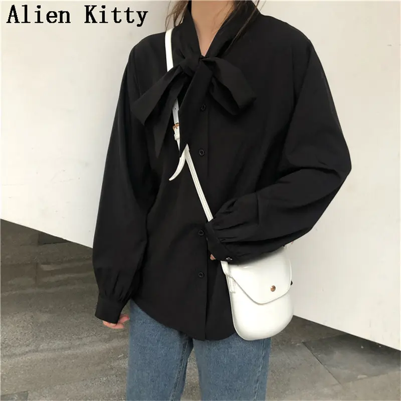 

Alien Kitty Simple Free Bow Casual Sweet Single Breasted Fresh Vintage Female All-Match High Quality Fashion Shirt 2 Colors