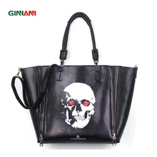 GINIANI натуральная кожа женские двойные молнии Большие хозяйственные сумки модные черные Рок Стиль Череп живопись большие сумки