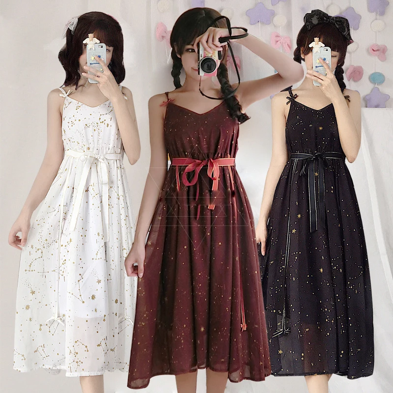 

Adult Black Red White Lolita Dresses Coat Starry Sky Women Summer Slip Dress Braces Skirt Chiffon Prevented Bask Clothing