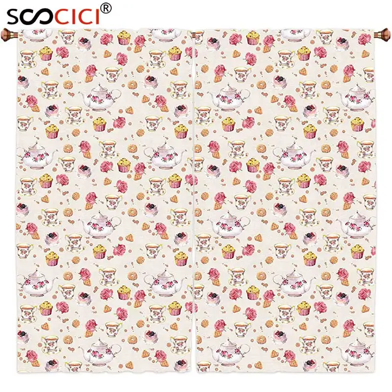 

Window Curtains Treatments 2 Panels,Kitchen Decor Vintage Retro Antique Tea Cups Teapots Art Pattern Image Light Pink Dark