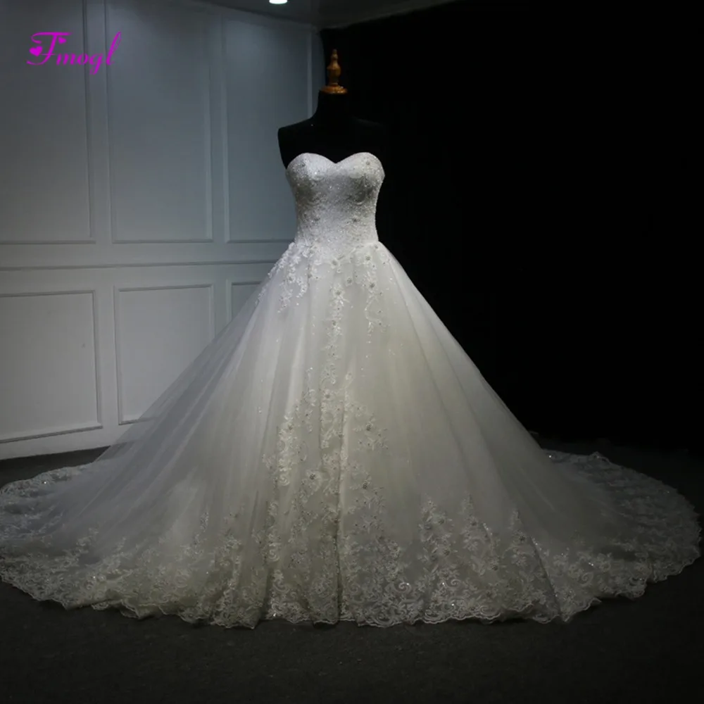 

Fmogl Vestido de Noiva Appliques Chapel Train A-Line Wedding Dress 2019 New Luxury Beaded Strapless Lace Up Pearls Bridal Gown