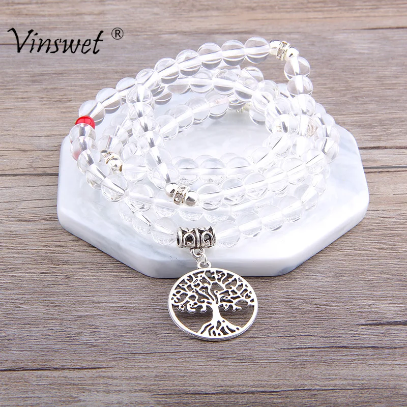 

108 Mala Clear Crystal with Life Tree Charm Yoga Bracelet or Necklace Natural Stone Jewelry for Men Women Dropshipping