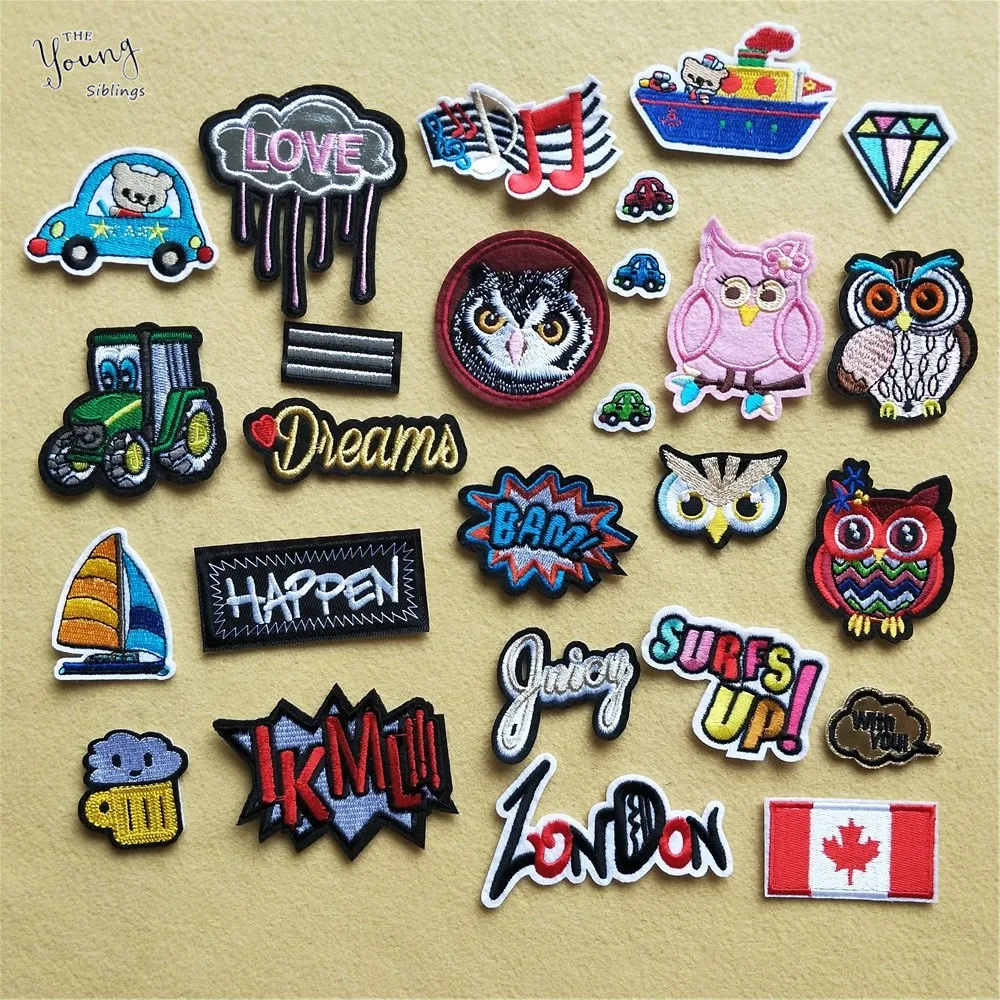 

Cartoon Mixture Iron On Patch DIY embroidered Applique Cute Owl Car Letter hippie Tree Clothing Sewing thermo-stickers Badges