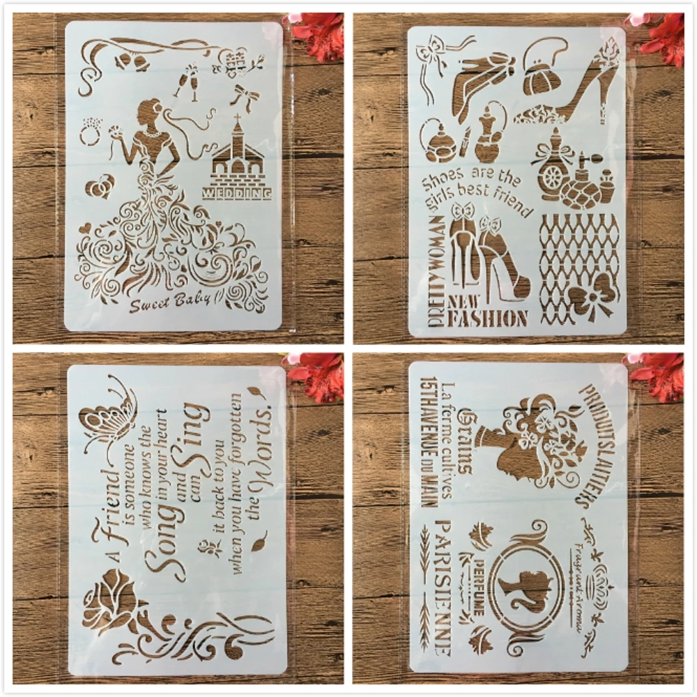 

4Pcs A4 Bride Girl Shoes Butterfly Perfume DIY Layering Stencils Painting Scrapbooking Stamping Embossing Album Card Template