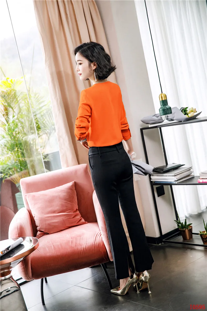 Модные офисные женские Рабочие блузки женские рубашки с оборками с длинным рукавом с v-образным вырезом Женская одежда OL стили оранжевый