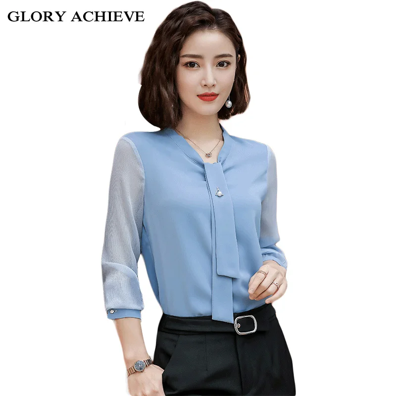 New Spring SummerTops Office Ladies Blouse Fashion Long Sleeve Bow Slim White Shirt Female OL Plus Size 4XL Work Blouses Blusas | Женская