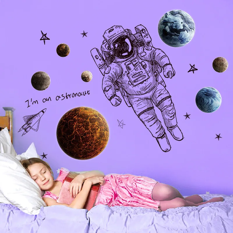 

Cartoon Astronaut In Space Wall Sticker PVC Self-adhesive Waterproof Wallpaper Kid Room Bedroom Nursery Home Decor Mural Decals
