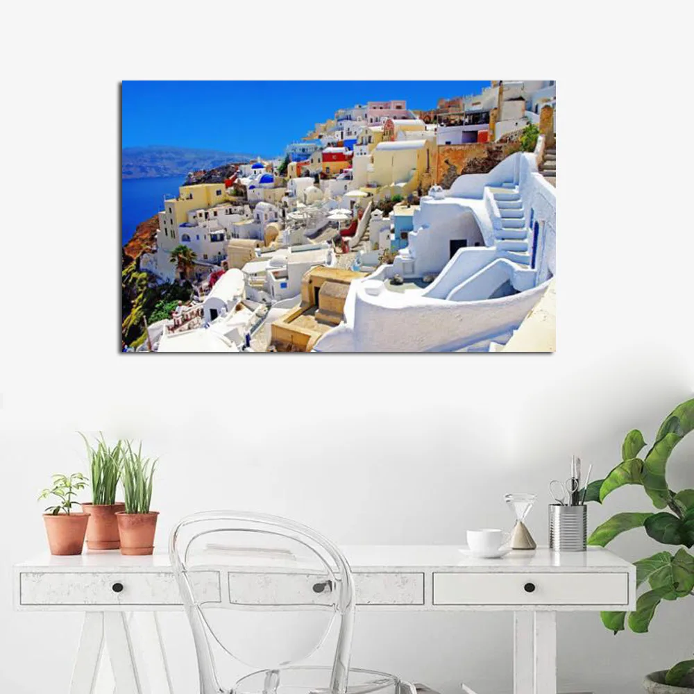 

1 Pcs Famous Landscape Santorini Painting Prints on Canvas Sunny Greece Overlook Sea Village Picture for Home Decor