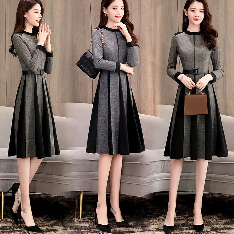 

2019 Spring Women Long Sleeve A-Line Dress Office Lady Work Wear Elegant Cusual Sashes Knee-Length Slim Dress