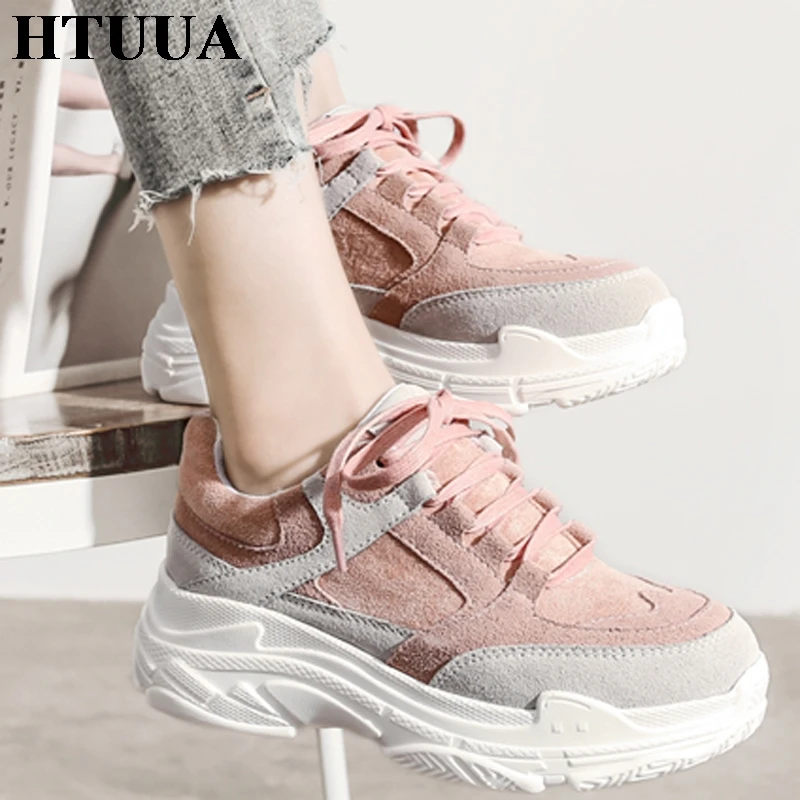 HTUUA/Новые весенние кроссовки Женская обувь на платформе и высоком каблуке