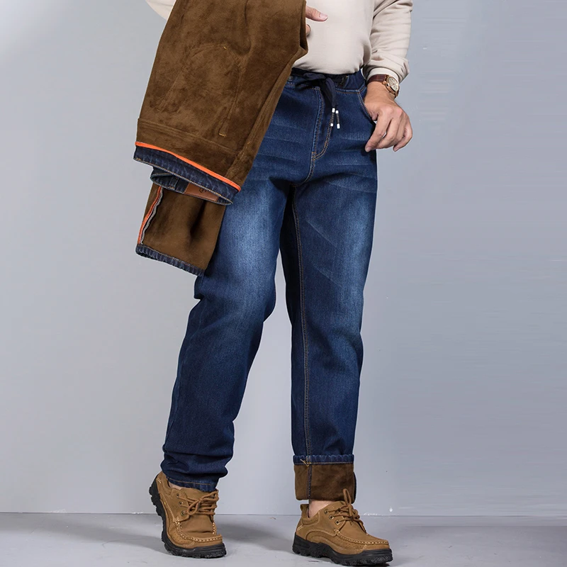 Plus Size 48 Men Winter Jeans Classic Fleece Male Stretch Warm Denim