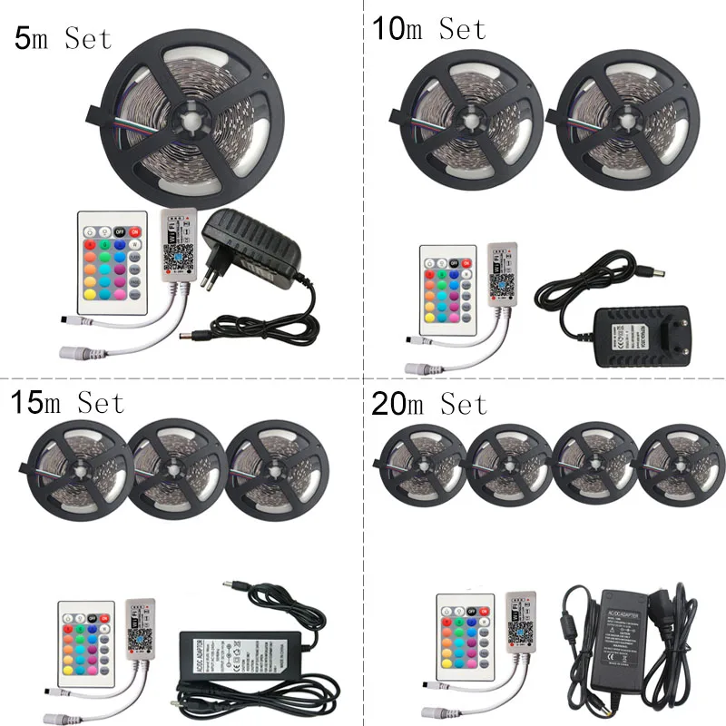 Светодиодный светильник 2835 SMD RGB лента 5 м 10 м 15 м 20 м DC12V 3528 гибкая RGB светодиодная лента e лента диод+ 24Key контроллер+ адаптер EU