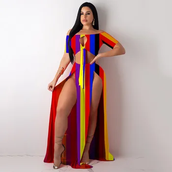 

Fashion 2019 Summer Outfits Beach Split Plus Size Two Piece Set Top And Pants Sets Print Rainbow Women Matching Sets
