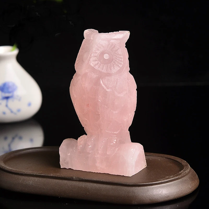 

1PC Natural Owl Figurines Handmade Natural Rose Quartz Crystal Owl Statue Craft Carved Natural Stone Mineral Mini Animals Statue