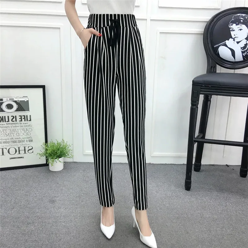 

Women Summer Office High Waist Striped Crop Black Loose Casual Trousers Female Plus Size Casual Drawstring Strap Long Pants