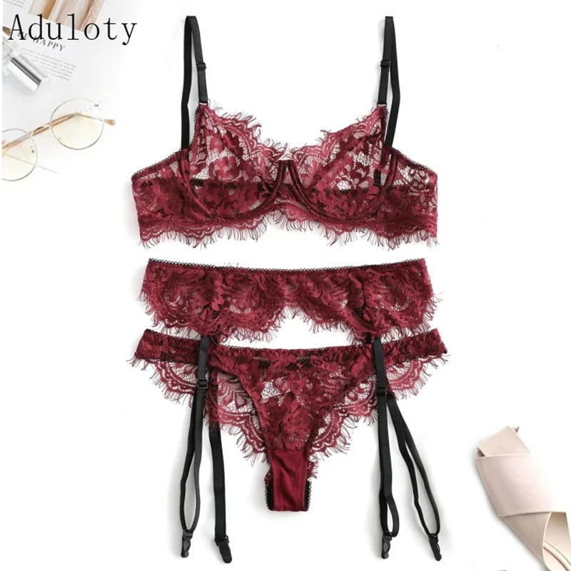 Aduloty Babydolls прозрачное сексуальное нижнее белье комплект нижнего белья с контрастной окантовкой на косточках с кружевной подвязкой-красное Вино