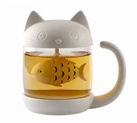 

Cat Glass Tea Mug Cup with Fish Tea Infuser Strainer Filter 250ML (White)