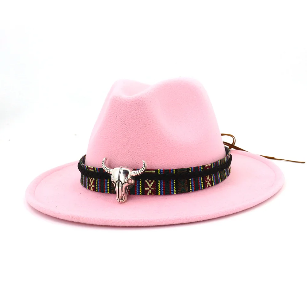 Шерстяная фетровая шляпа Панама Джаз Fedoras Шляпы с металлический лист плоские полями формальная Вечеринка и сцена топ шляпа для женщин мужчин унисекс - Цвет: Pink
