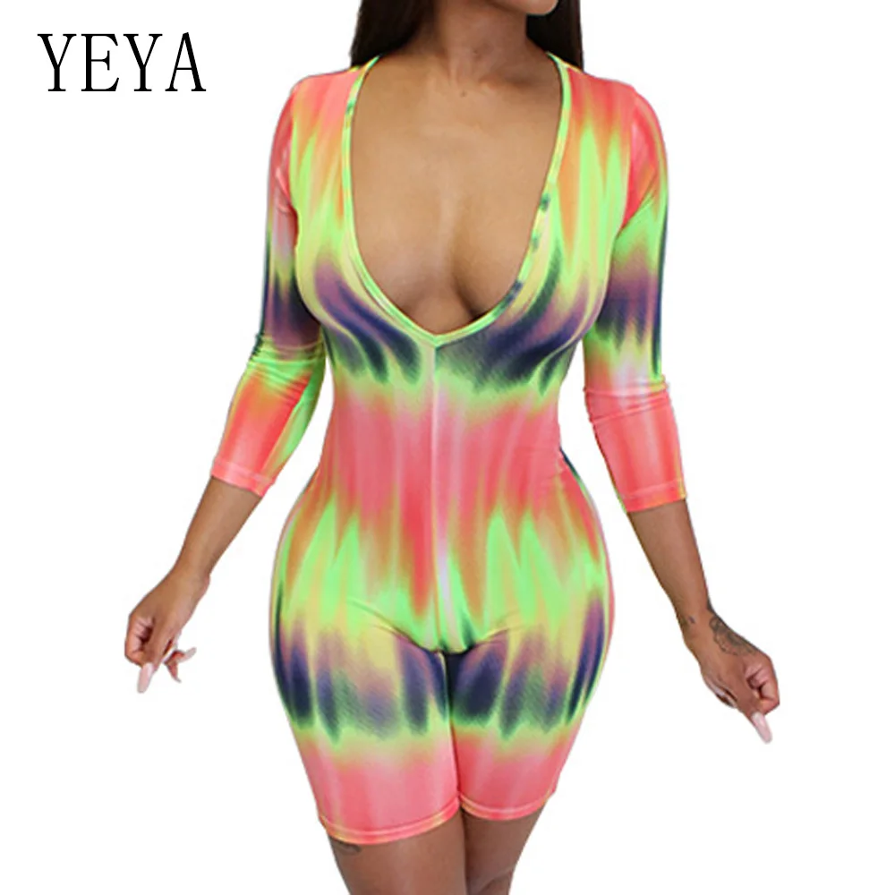 

YEYA Women Summer Sexy Sporting Playsuits Fashion V Neck Vintage Rainbow Printed Long Sleeve Bodysuit Skinny Outfits Party Suit